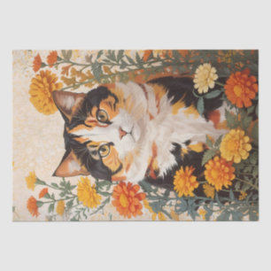 Papel De Seda Hermoso Gato Calico Con Flores Marigold