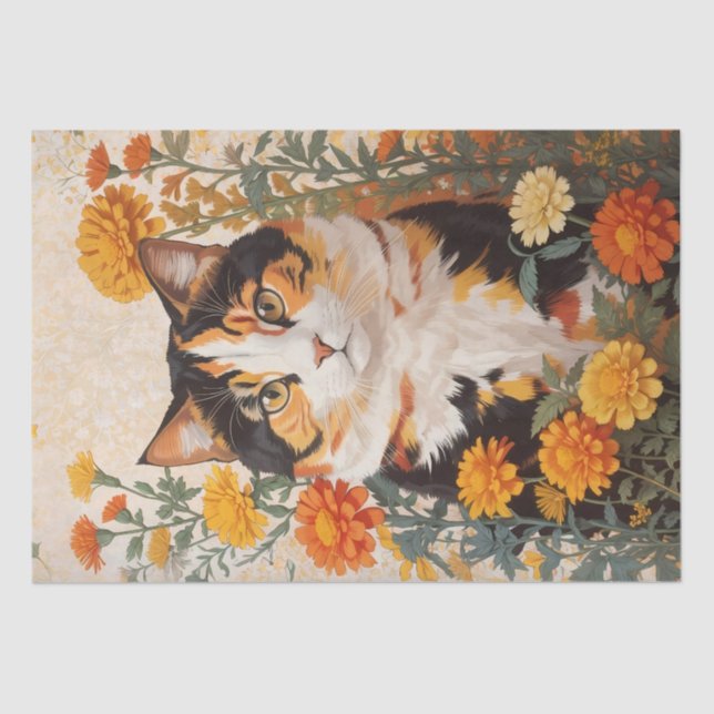 Papel De Seda Hermoso Gato Calico Con Flores Marigold (Anverso)