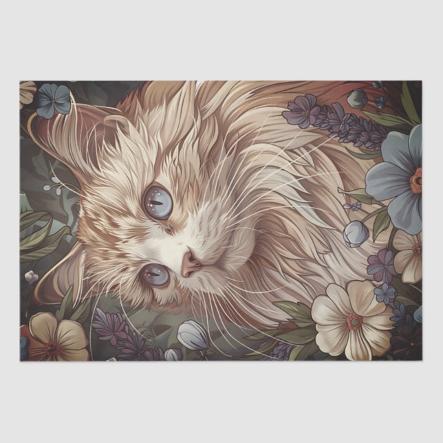 Papel De Seda Hermoso gato con flores (Anverso)