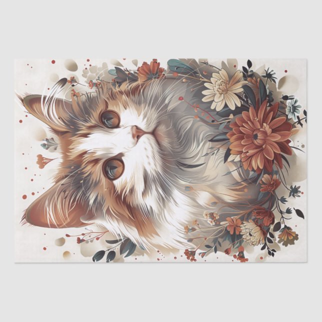 Papel De Seda Hermoso gato con flores (Anverso)