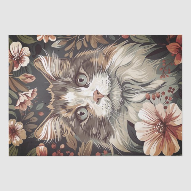 Papel De Seda Hermoso gato con flores (Anverso)