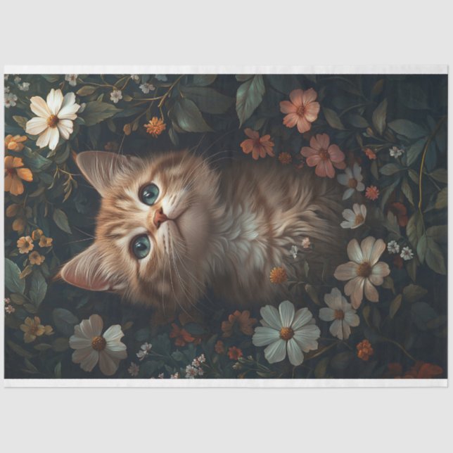 Papel De Seda Hermoso Naranja Kitten con flores silvestres (Anverso)