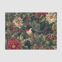 Papel De Seda Hermoso pájaro en ramas de pino con flores