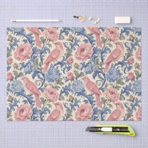 Papel De Seda Hermoso patrón botánico floral azul y pájaro rosa 