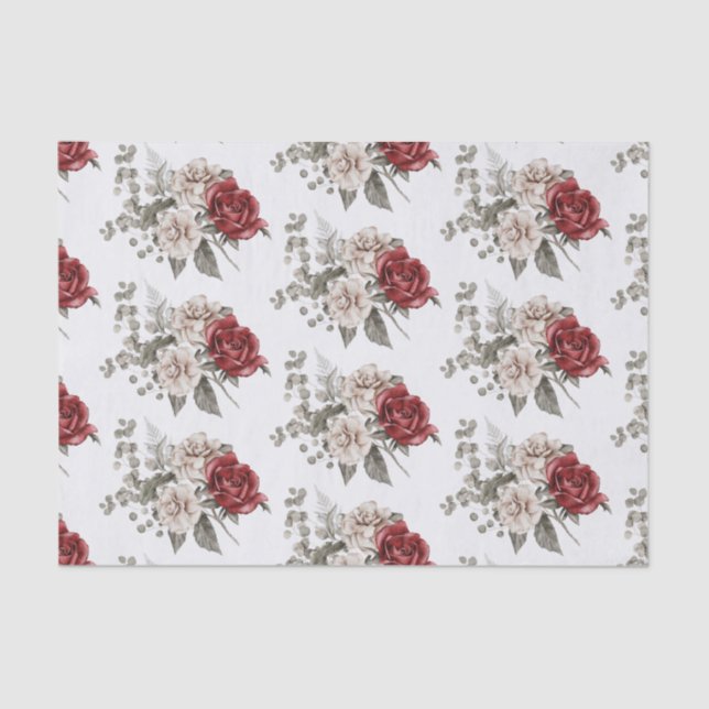 Papel De Seda Hermoso patrón floral de rosas rojas y blanquecina (Anverso)