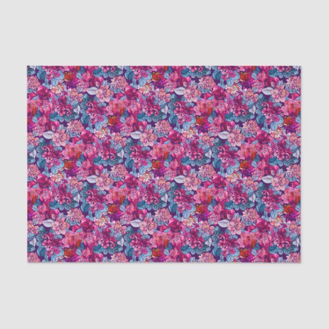 Papel De Seda Hermoso patrón floral rosa púrpura azul (Anverso)