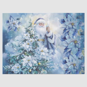 Papel De Seda Hermoso Santa Azul & Poinsettias Decoupage