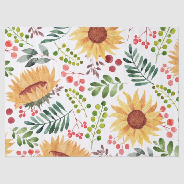 Papel De Seda Hermosos girasoles y berries acuarela  (Anverso)