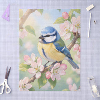 Papel De Seda Herrerillo azul en decoupage de manzano en primave