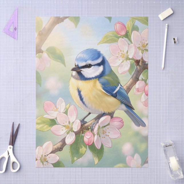 Papel De Seda Herrerillo azul en decoupage de manzano en primave (Artesanía)