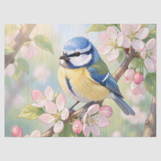 Papel De Seda Herrerillo azul en decoupage de manzano en primave