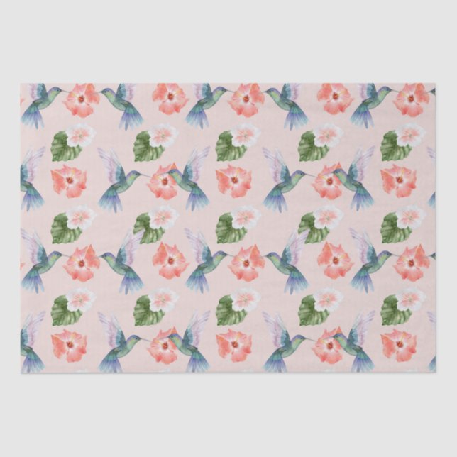 Papel De Seda Hibiscus azul verde y rosa y colibrí (Anverso)