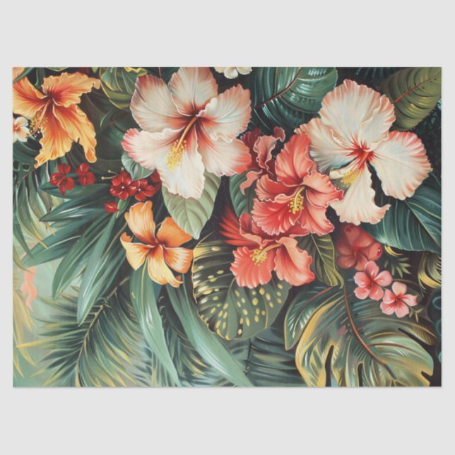 Papel De Seda Hibiscus Flowers Palm Fronds Tropical Decoupage (Anverso)
