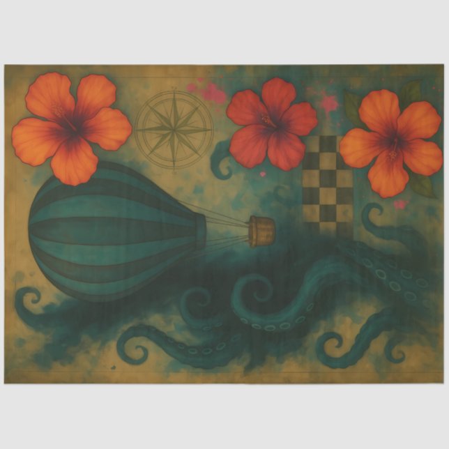 Papel De Seda Hibiscus & Hot Air Balloon & Tentacles Decepage (Anverso)