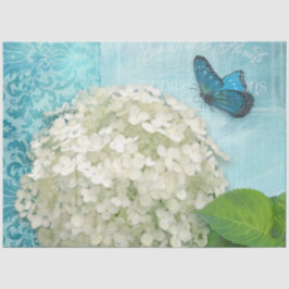 Papel De Seda Hidrangea Blanca Floral Azul Mariposa Vintage