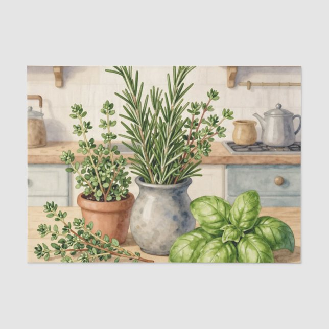 Papel De Seda Hierbas frescas de cocina acuarela  (Anverso)