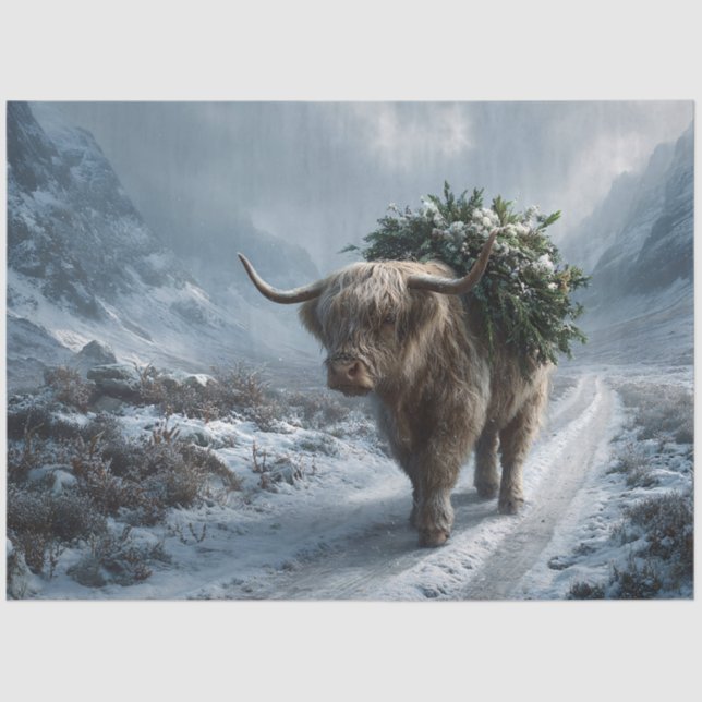 Papel De Seda Highland Cow Bearing Winter Greens (Anverso)
