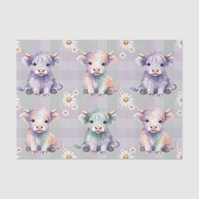 Papel De Seda Highland Cow Easter Daisy Flowers Pastel (Anverso)