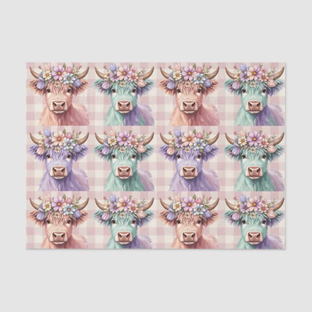 Papel De Seda Highland Cow Easter Flowers in Pastel (Anverso)