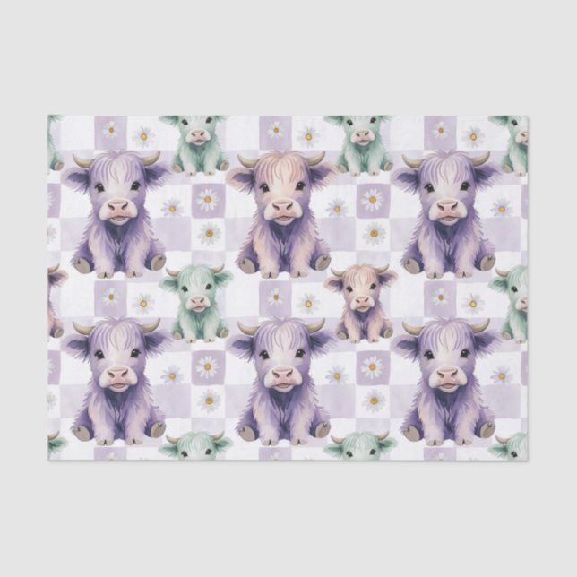 Papel De Seda Highland Cow Purple Sage Easter Flowers Pastel (Anverso)