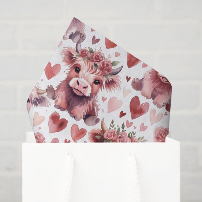 Papel De Seda Highland Cow Red Pink Heart Flower Gift (Bolsa de regalo)
