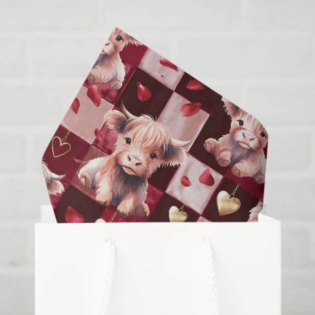 Papel De Seda Highland Cow Ruby Red Golden Heart Gift (Bolsa de regalo)
