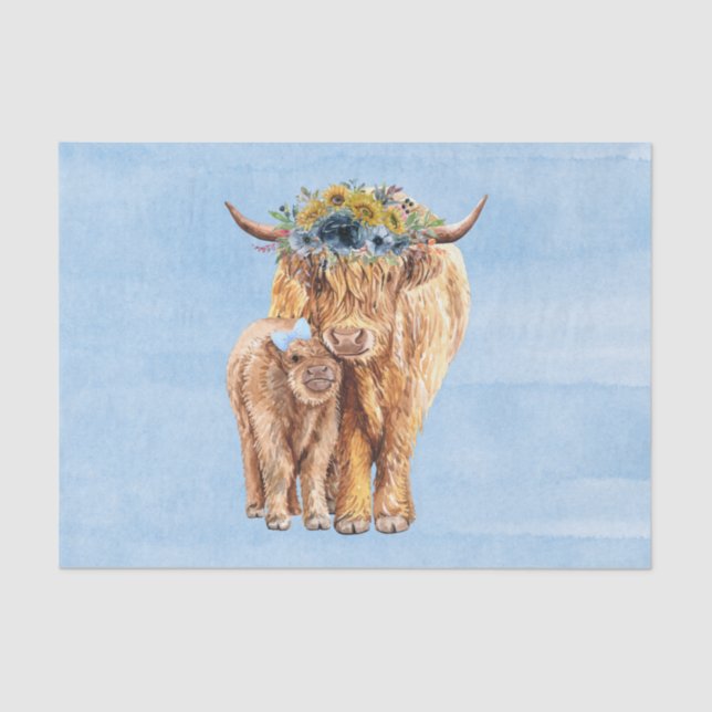 Papel De Seda Highland Cow Scotland Blue Mama Baby Calf (Anverso)