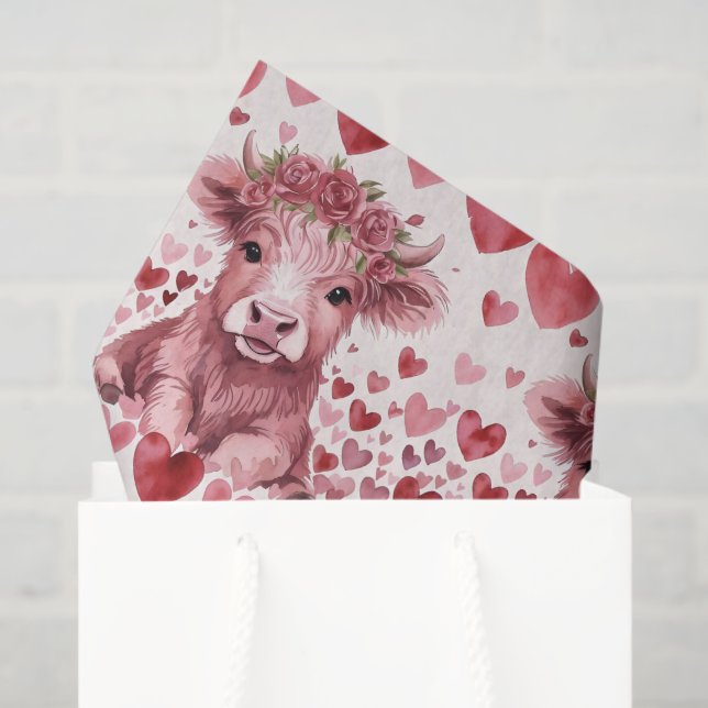 Papel De Seda Highland Cow Valentine Pink Rose Tissue Paper (Bolsa de regalo)