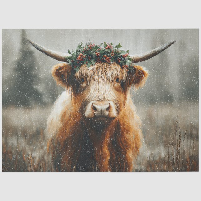 Papel De Seda Highland Cow With Christmas Wreath Crown (Anverso)