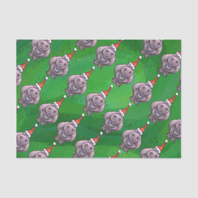 Papel De Seda Hippo en Santa Hat Pattern en verde (Anverso)