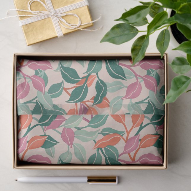 Papel De Seda Hoja Tropical Coral Verde Botánico Chic Luz (Regalo )