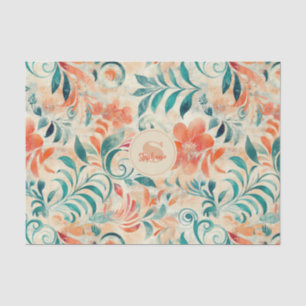 Papel De Seda Hojas azules rusas y patrón floral Naranja rojo