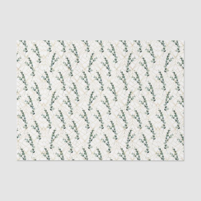 Papel De Seda Hojas de eucalipto con patrón geométrico dorado (Anverso)