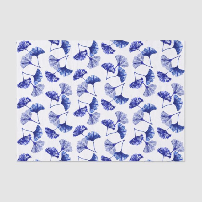 Papel De Seda Hojas de gingko azules y blancas (Anverso)
