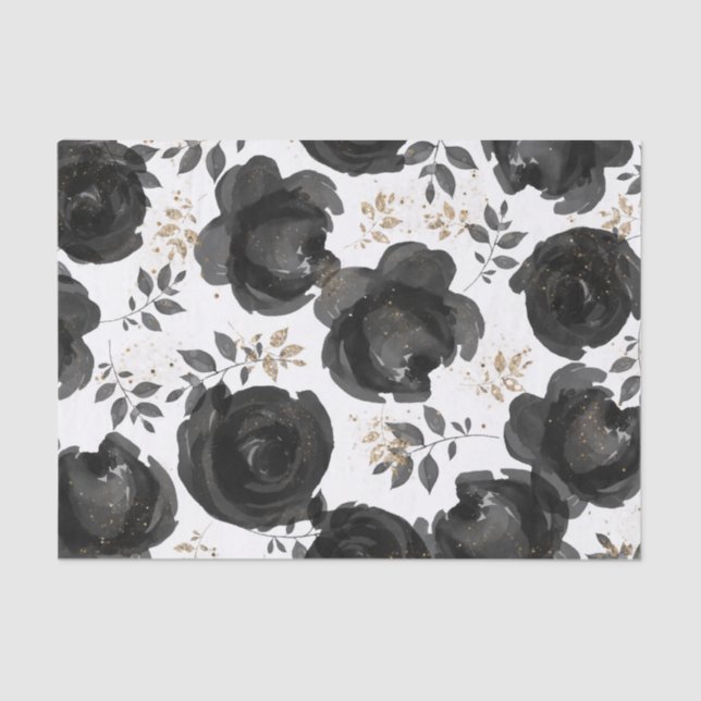 Papel De Seda Hojas de Glam Floral de Oro Negro Boda (Anverso)