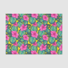 Papel De Seda Hojas de Monstera e Hibiscus, rosa Verde azulado e