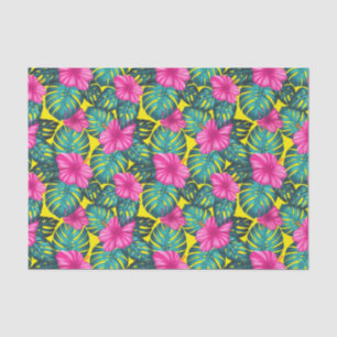 Papel De Seda Hojas de Monstera e Hibiscus, rosa Verde azulado e