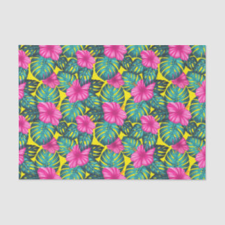 Papel De Seda Hojas de Monstera e Hibiscus, rosa Verde azulado e