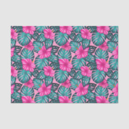 Papel De Seda Hojas de monstera e Hibiscus Verde azulado y rosad