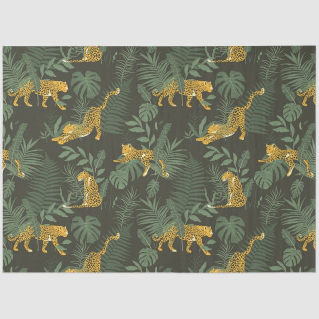 Papel De Seda Hojas exóticas modernas y estampado de leopardo (Anverso)