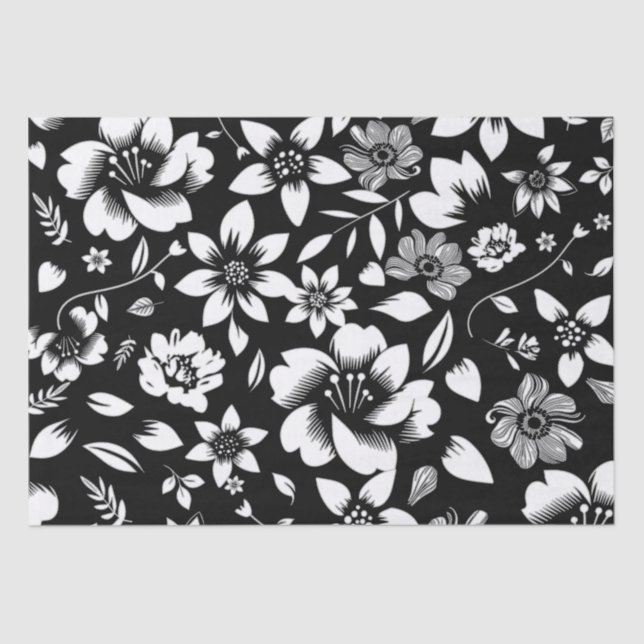 Papel De Seda Hojas florales modernas negras y blancas que sopla (Anverso)
