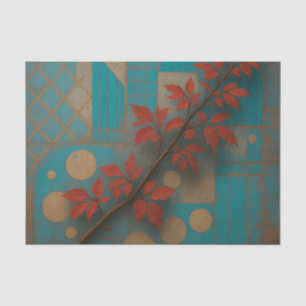 Papel De Seda Hojas rojas de otoño mosaico geométrico turquesa