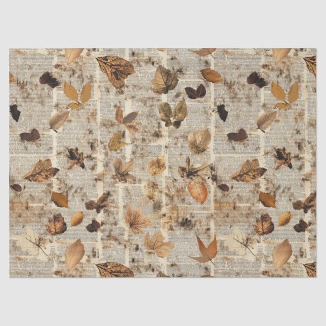 Papel De Seda Hojas rústicas de otoño sobre periódico vintage (Anverso)