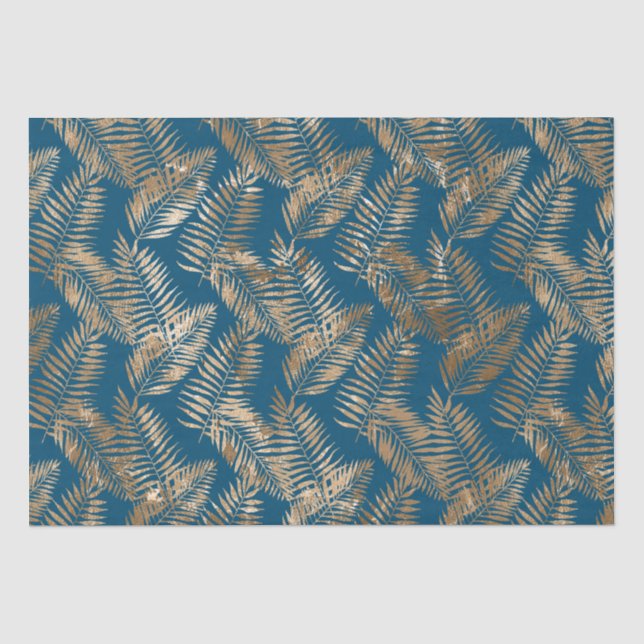 Papel De Seda Hojas tropicales azules de oro (Anverso)