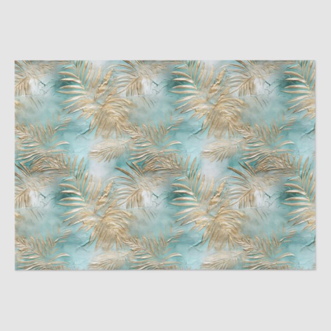 Papel De Seda Hojas tropicales blancas de oro Aqua (Anverso)