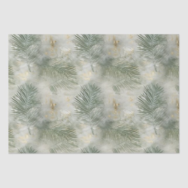 Papel De Seda Hojas tropicales blancas de oro verde (Anverso)