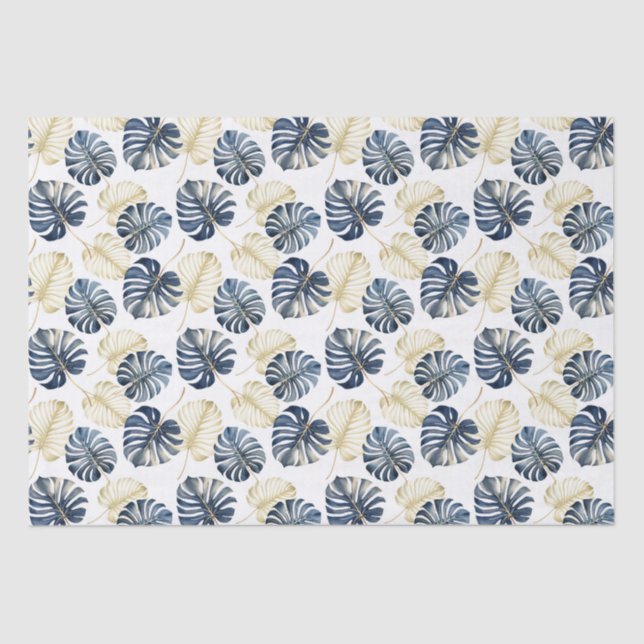 Papel De Seda Hojas tropicales de oro azul blanco (Anverso)