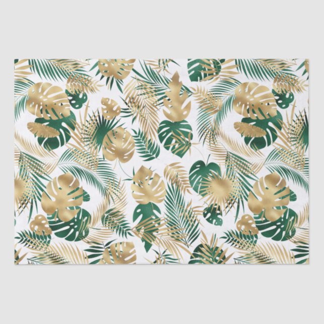 Papel De Seda Hojas tropicales doradas y verdes (Anverso)