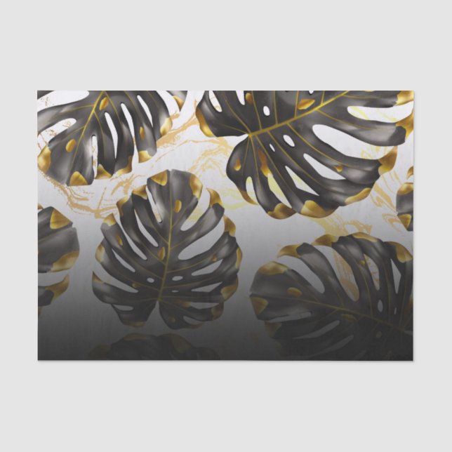 Papel De Seda Hojas tropicales negras y doradas (Anverso)