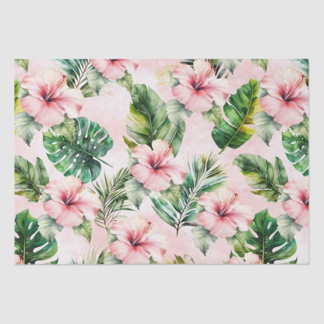 Papel De Seda Hojas tropicales rosadas Hibiscus Floral (Anverso)